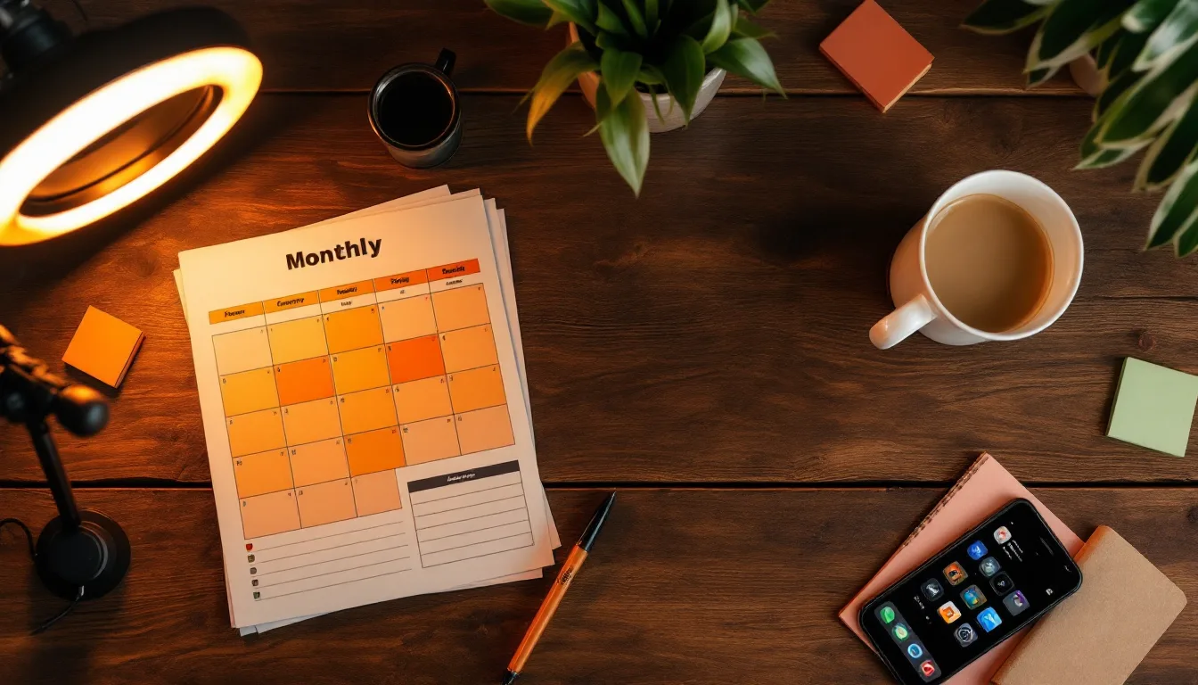 Overhead view of a marked-up monthly content calendar, sticky notes, and a phone showing a reels grid
