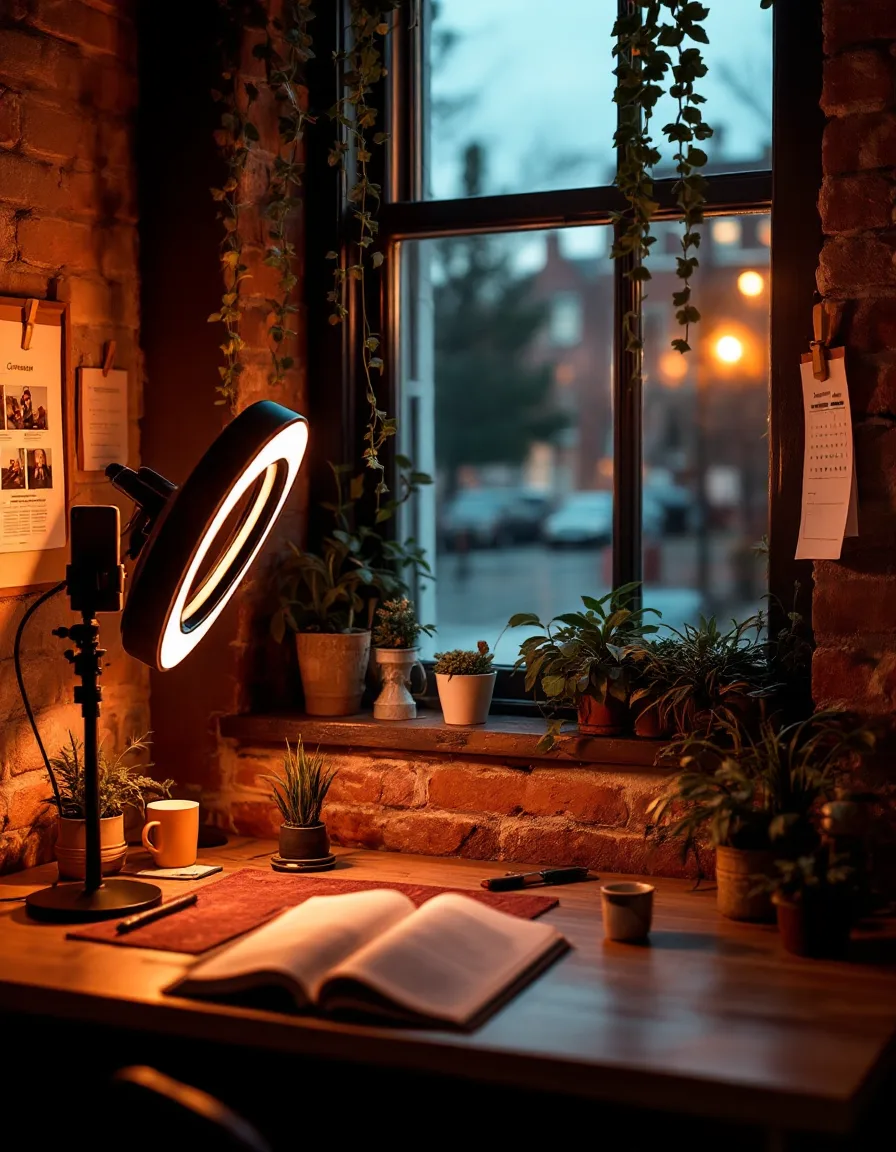 Havli's studio corner — a desk with a ring light, phone tripod, and a printed content calendar on the wall