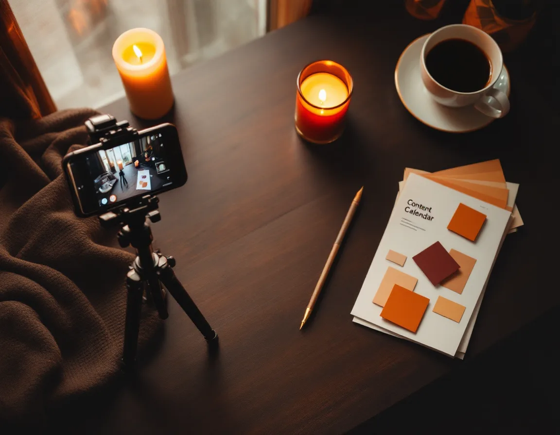A studio desk set up to shoot short-form content: phone on a tripod, printed calendar, warm amber notes