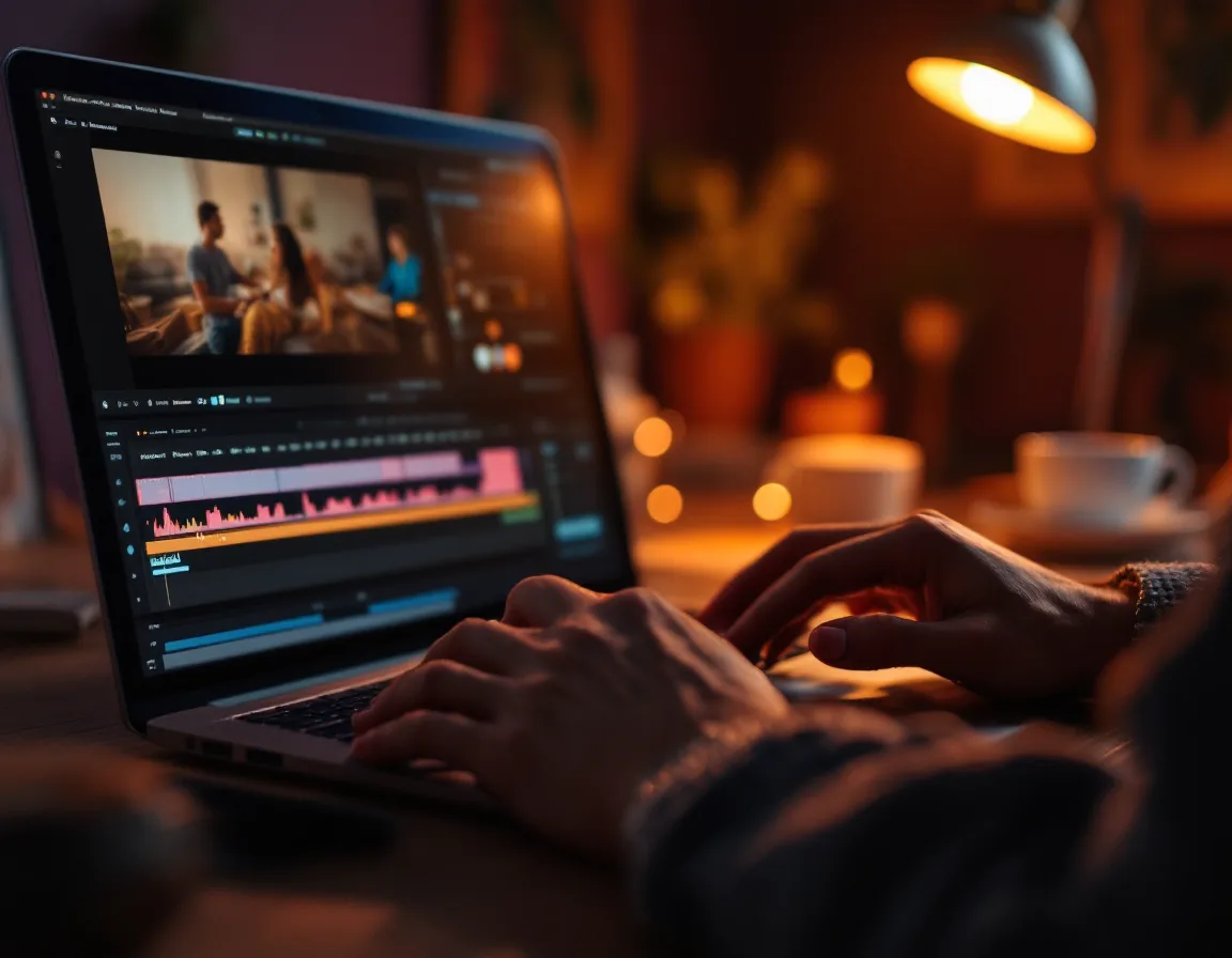 Hands editing a short-form video on a laptop in a warm plum-and-amber studio