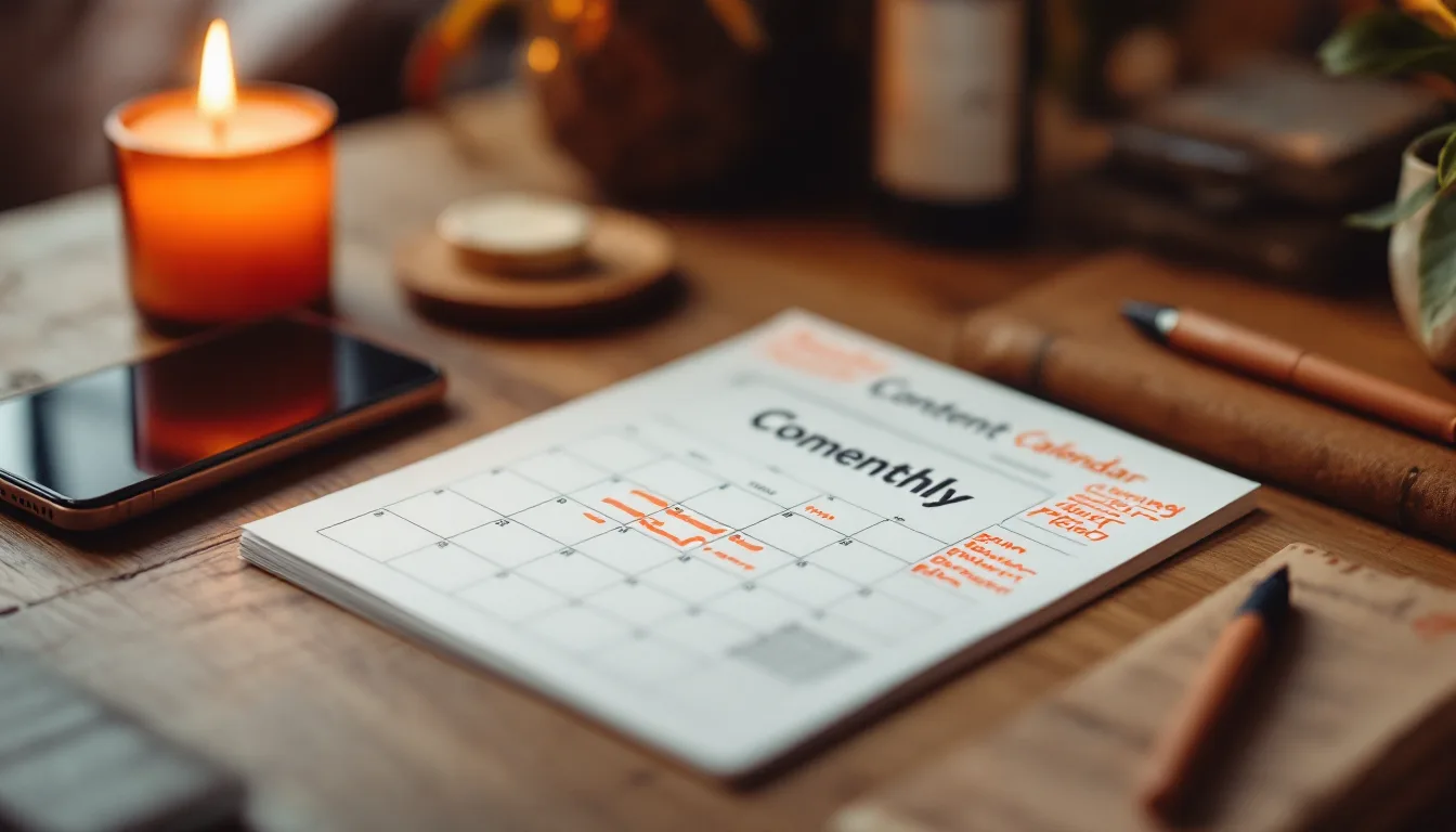 A printed monthly content calendar marked up in amber and coral highlighter on a warm desk